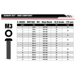 Team Corally M3 Skrues�t med Knaphoved i Sort St�l (15 st�rrelser, 375 dele) � C-38500