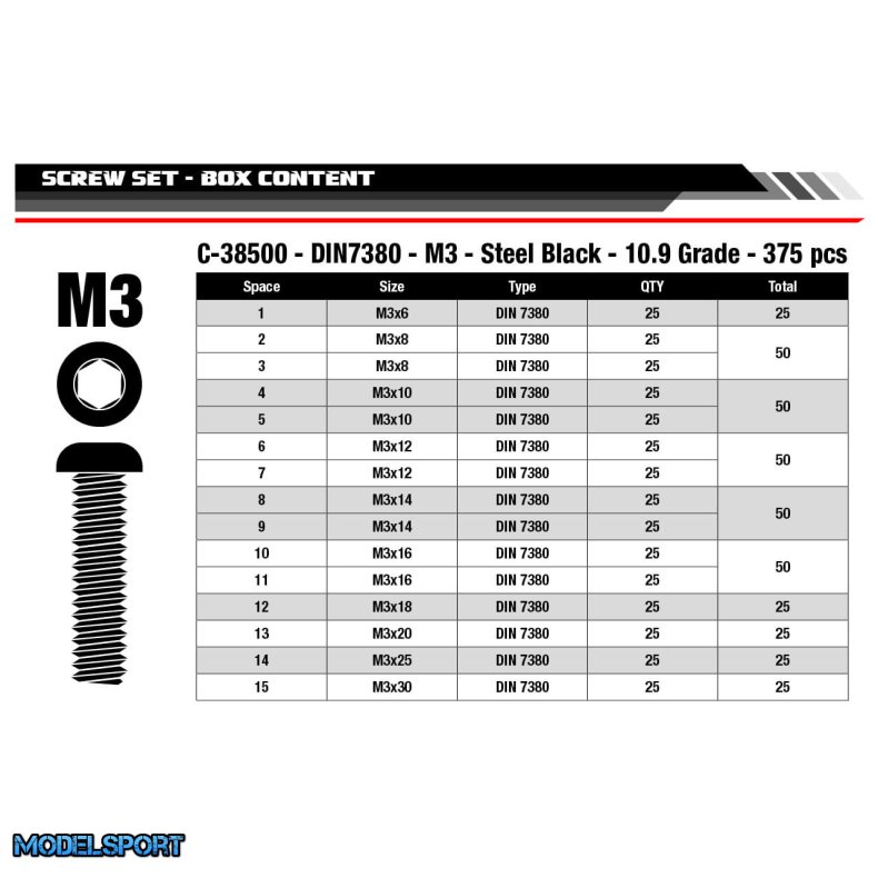 Team Corally M3 Skrues�t med Knaphoved i Sort St�l (15 st�rrelser, 375 dele) � C-38500