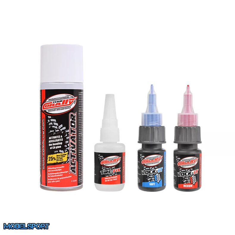 Team Corally - Glue Set - Tire Glue 20g - Activator 200ml - Lock-it Soft - Lock-it Medium