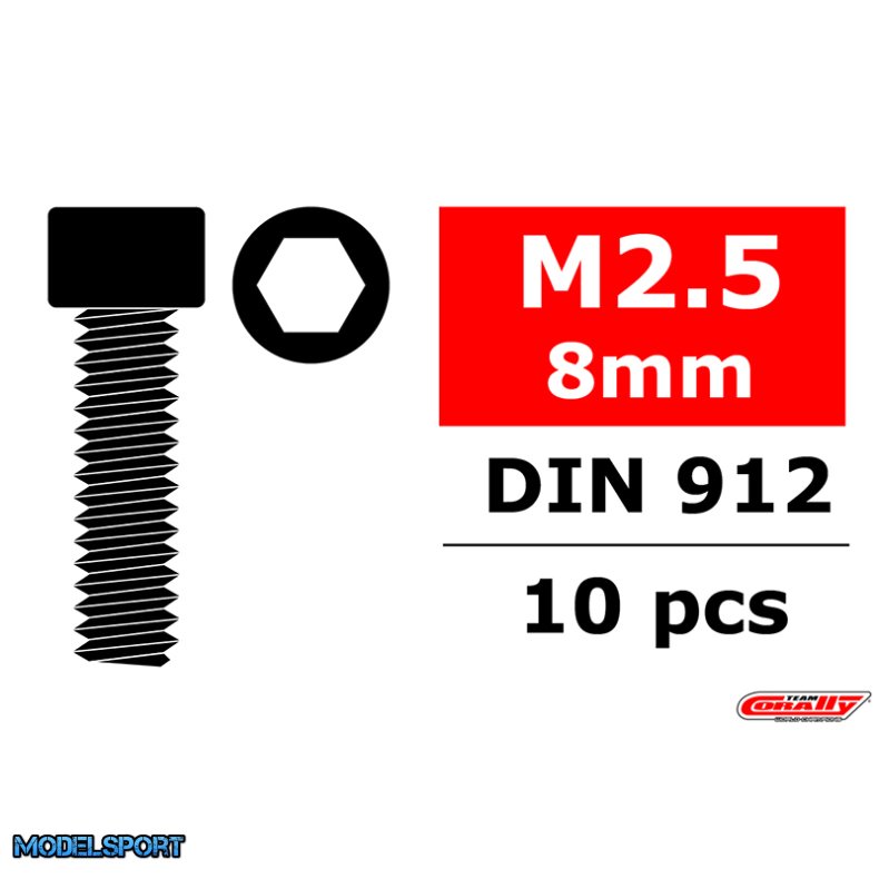 Team Corally - Steel Screws M2.5 x 8mm - Hex Socket Head - 10 pcs