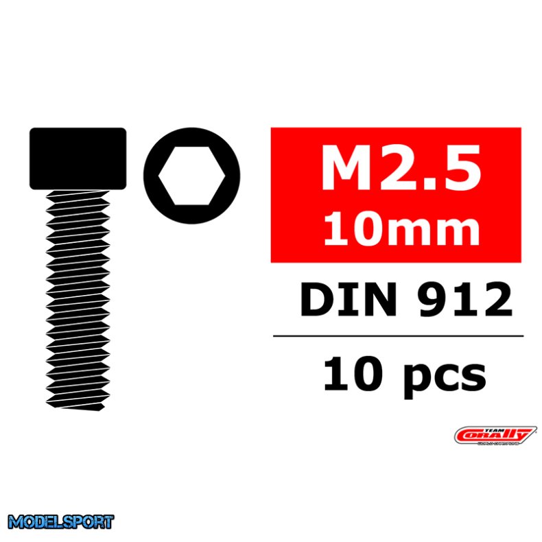 Team Corally - Steel Screws M2.5 x 10mm - Hex Socket Head - 10 pcs