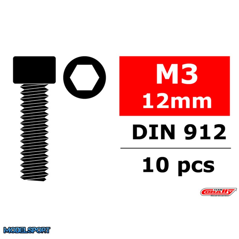 Team Corally - Steel Screws M3 x 12mm - Hex Socket Head - 10 pcs