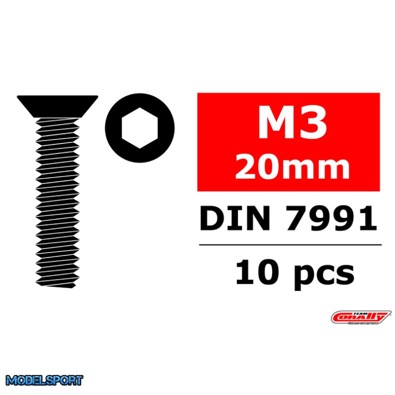 Team Corally - Steel Screws M3 x 20mm - Hex Flat Head - 10 pcs