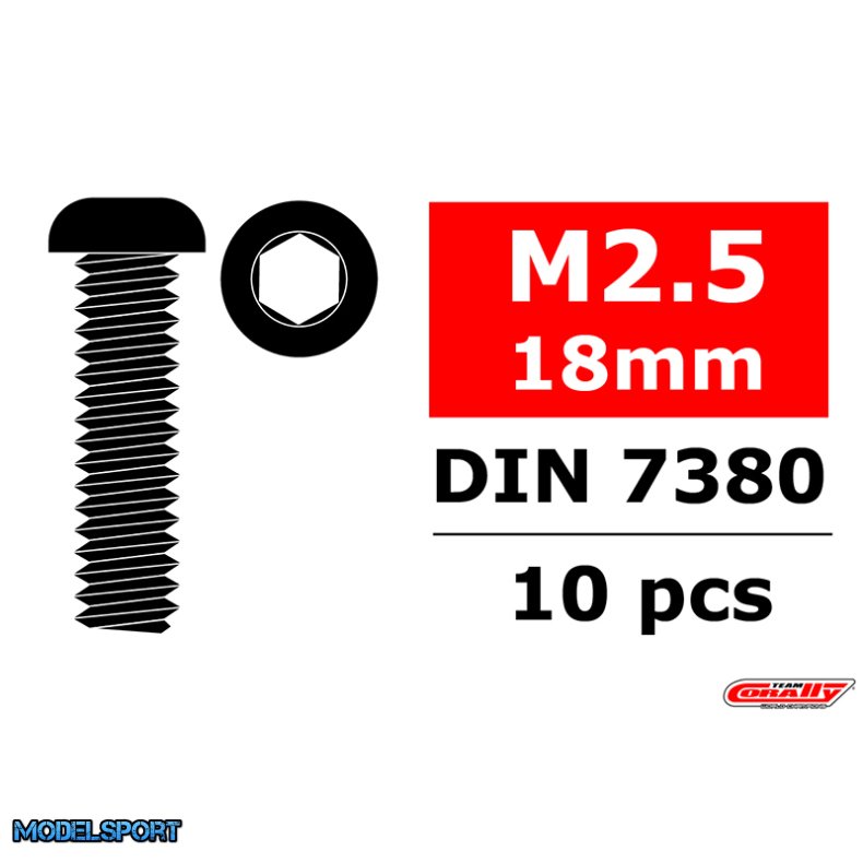 Team Corally - Steel Screws M2.5 x 18mm - Hex Button Head - 10 pcs