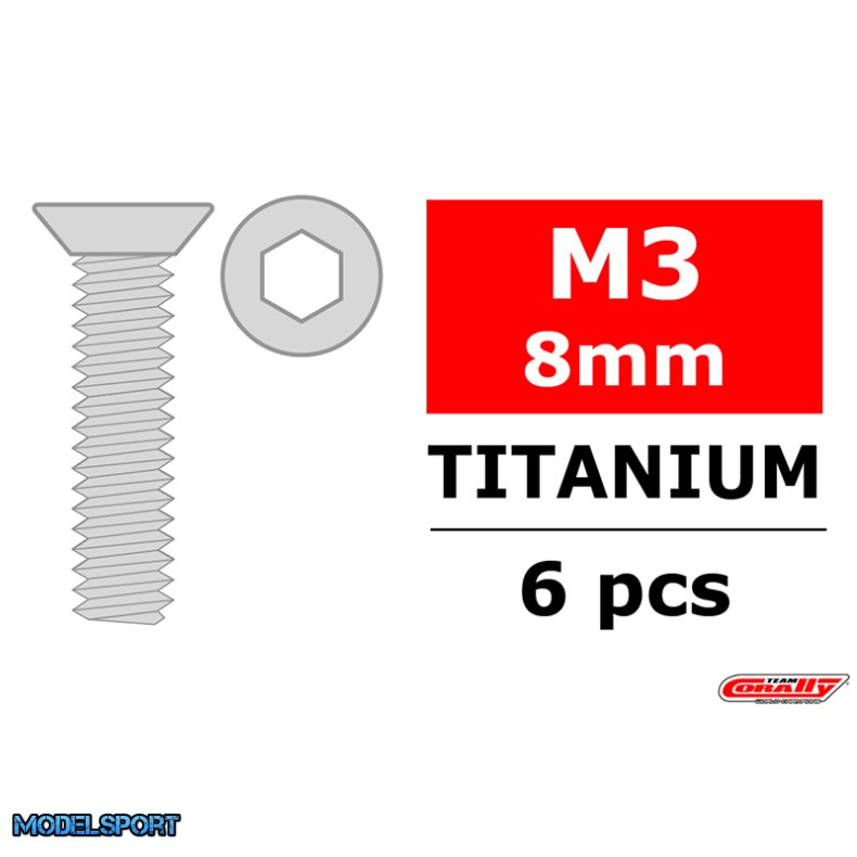 Team Corally - Titanium Screws M3 x 8mm - Hex Flat Head - 6 pcs