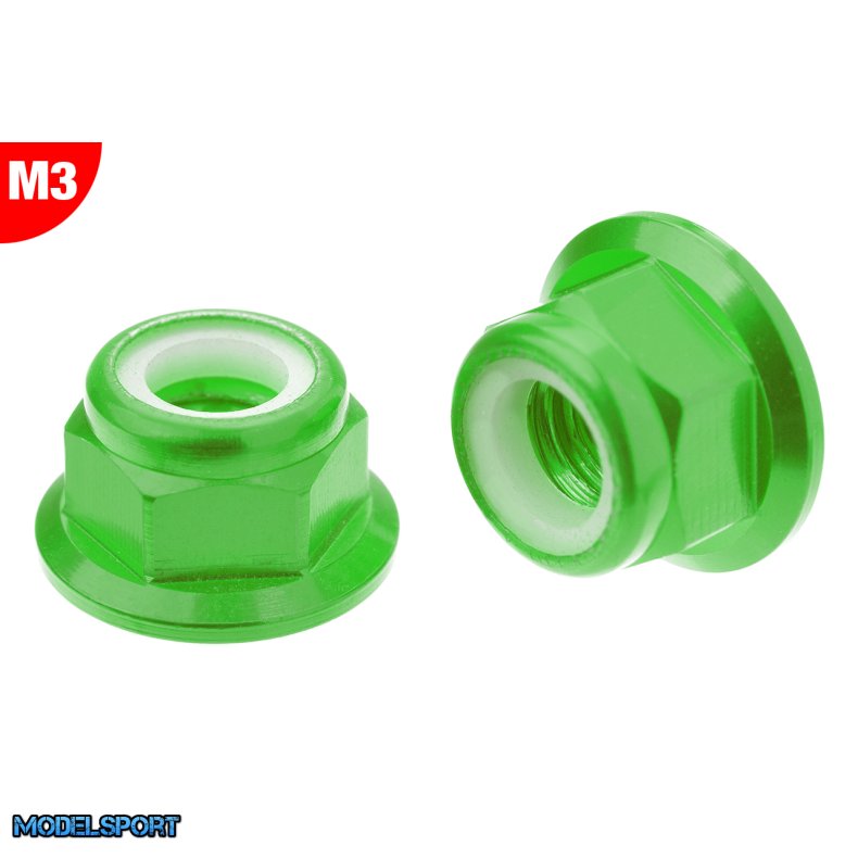 Team Corally - Aluminium Nylstop Nut - M3 - Flanged - Green - 10 pcs