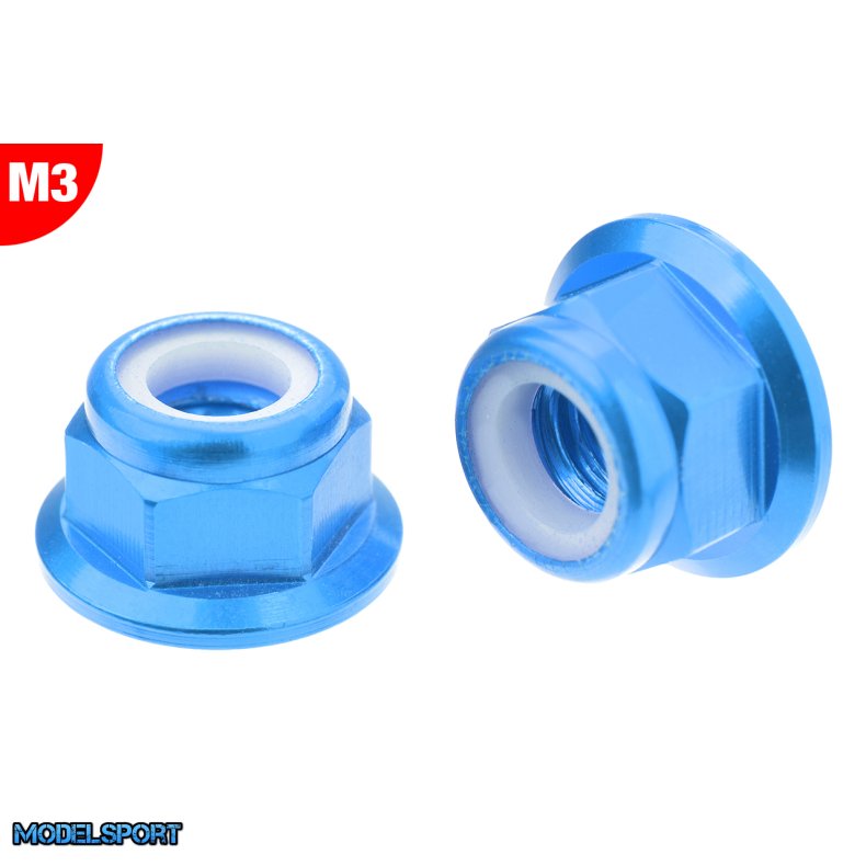 Team Corally - Aluminium Nylstop Nut - M3 - Flanged - Blue - 10 pcs