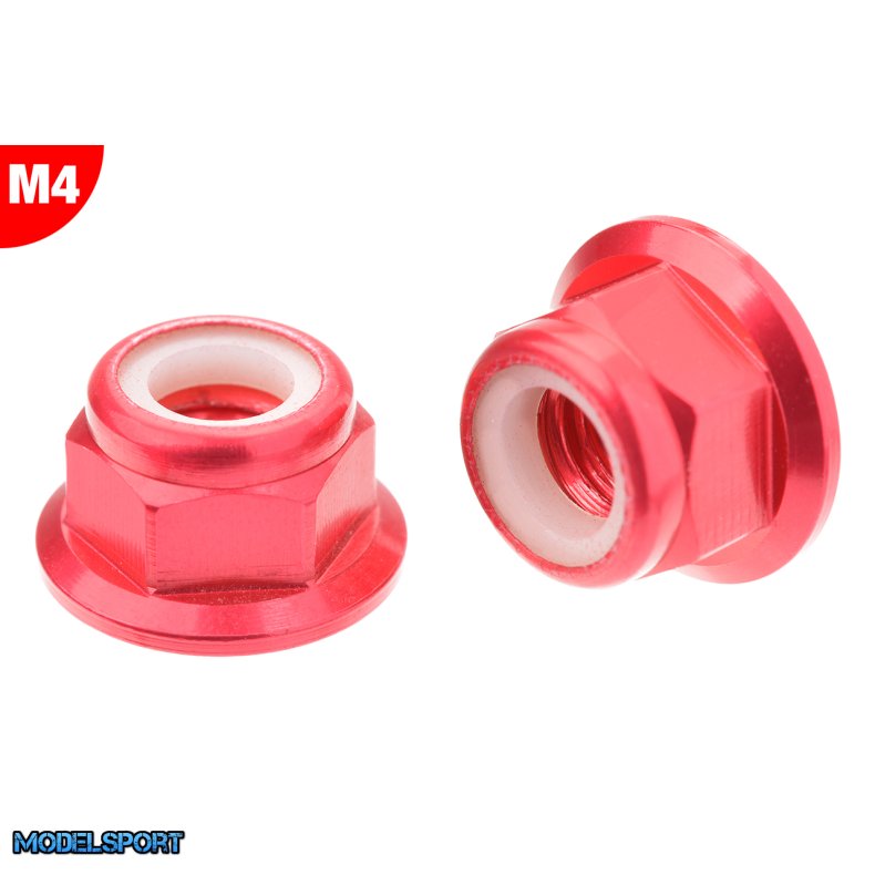 Team Corally - Aluminium Nylstop Nut - M4 - Flanged - Red - 10 pcs
