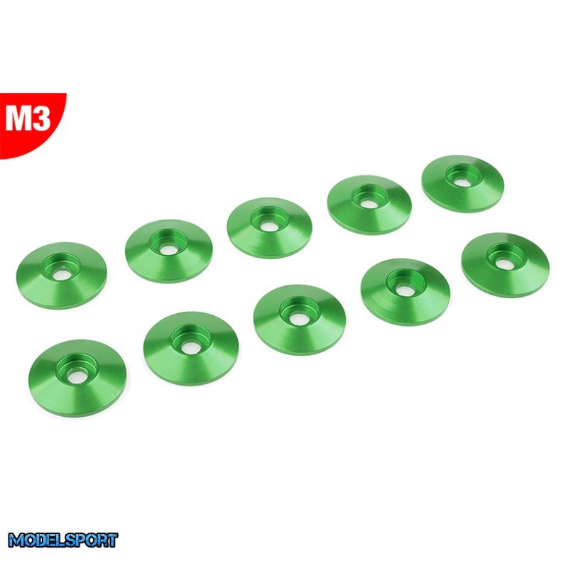 Team Corally - Aluminium Washer - for M3 Button Head Screws - OD=15mm - Green - 10 pcs