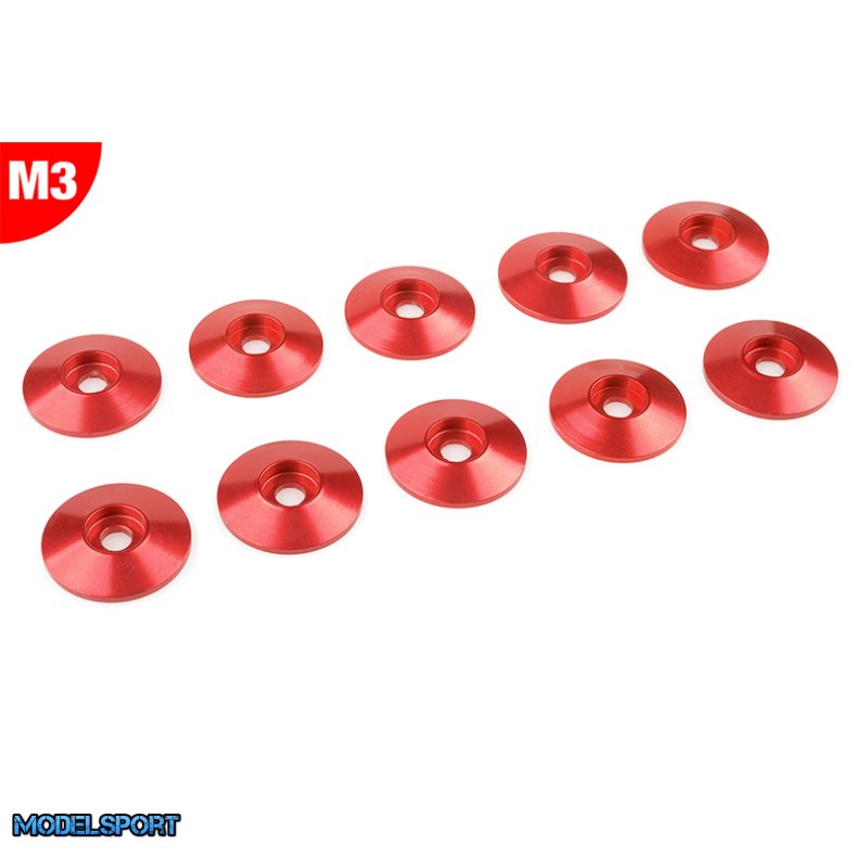 Team Corally - Aluminium Washer - for M3 Button Head Screws - OD=15mm - Red - 10 pcs