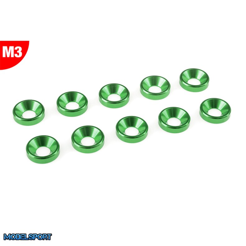 Team Corally - Aluminium Washer - for M3 Flat Head Screws - OD=8mm - Green - 10 pcs