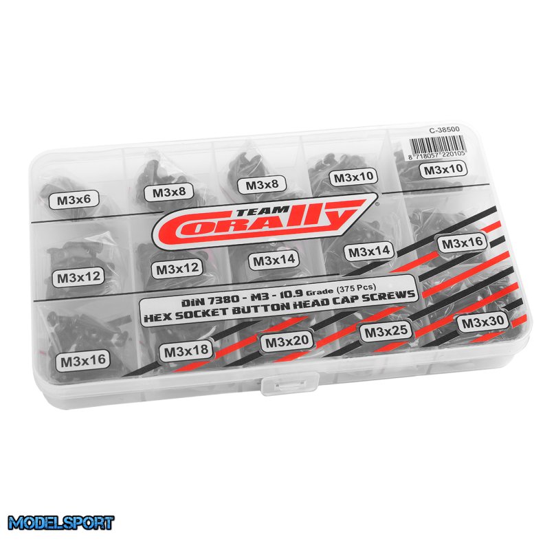 Team Corally - Screw Set M3 - Hex Button Head - DIN 7380 - Steel Black - 10.9 Grade - 15 Sizes - 375 pcs