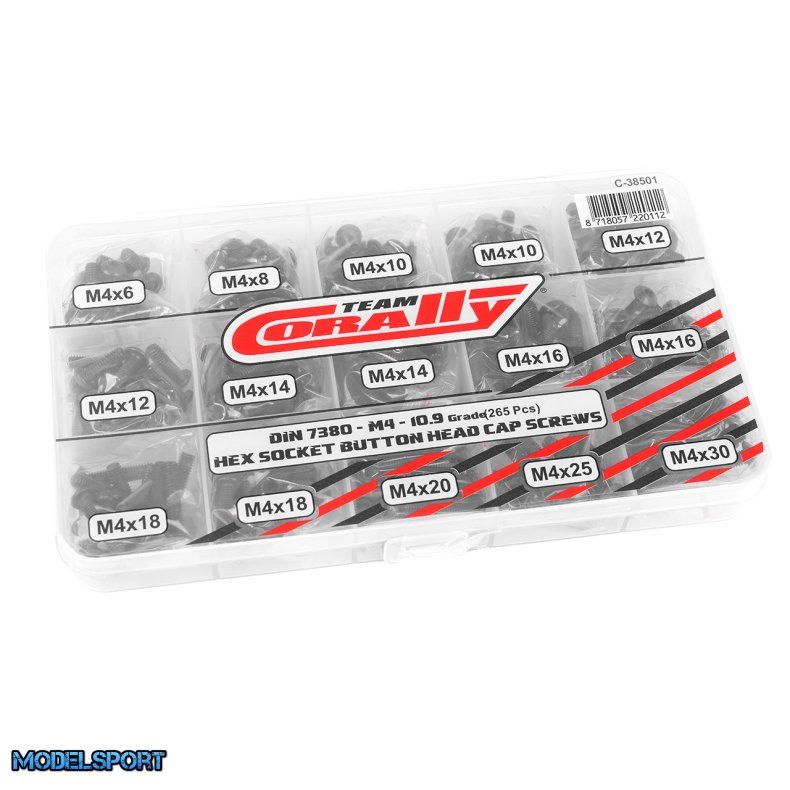 Team Corally - Screw Set M4 - Hex Button Head - DIN 7380 - Steel Black - 10.9 Grade - 15 Sizes - 265 pcs