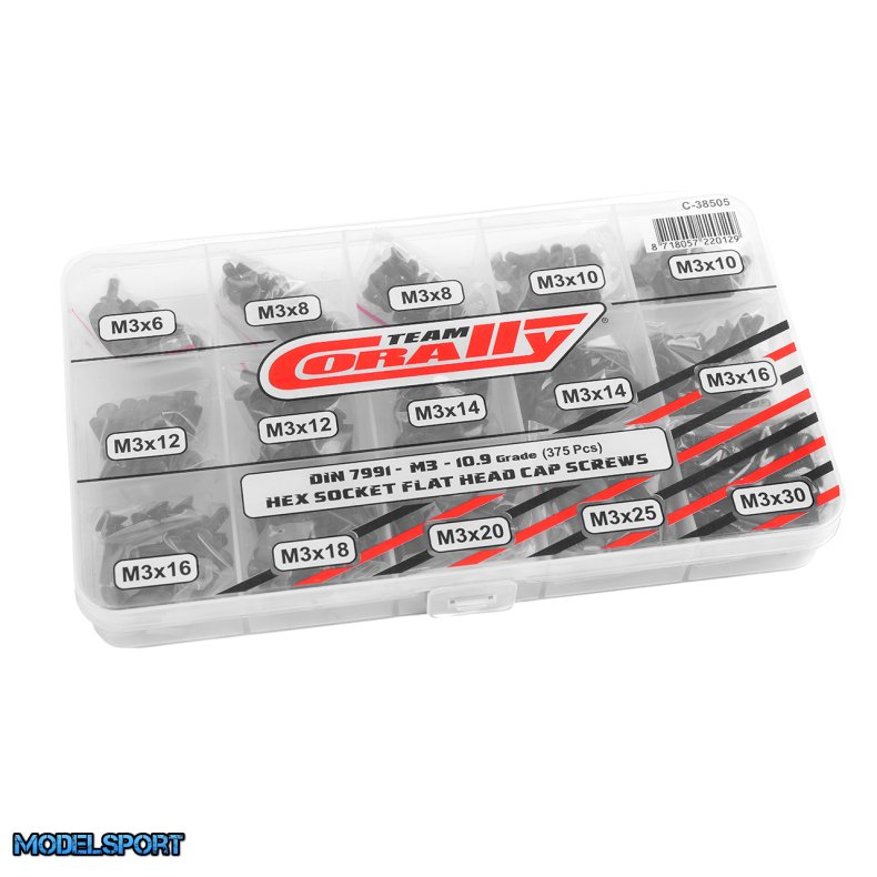 Team Corally - Screw Set M3 - Hex Flat Head - DIN 7991 - Steel Black - 10.9 Grade - 15 Sizes - 375 pcs