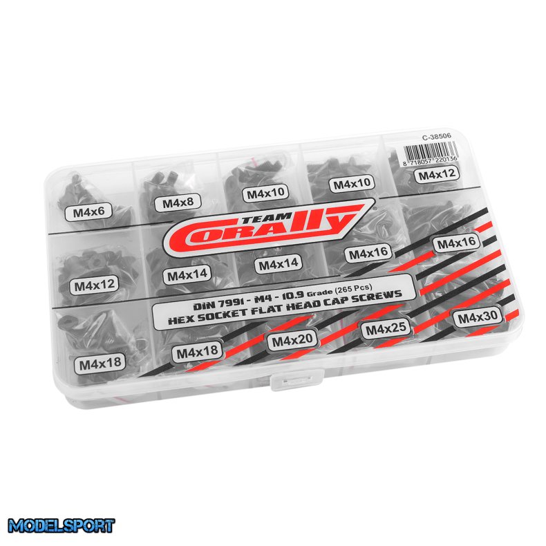 Team Corally - Screw Set M4 - Hex Flat Head - DIN 7991 - Steel Black - 10.9 Grade - 15 Sizes - 265 pcs