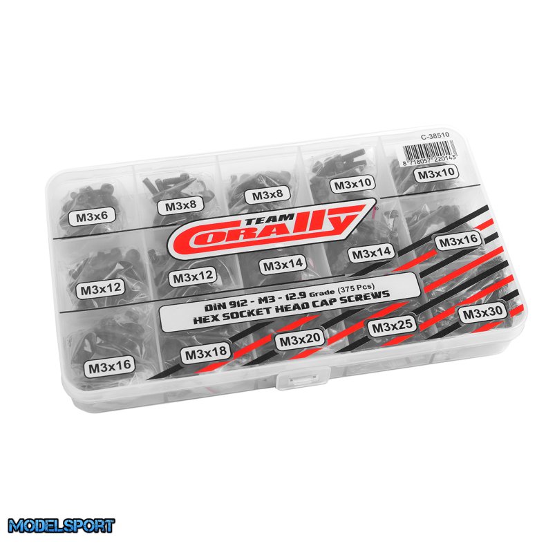 Team Corally - Screw Set M3 - Hex Socket Head - DIN912 - Steel Black - 12.9 Grade - 15 Sizes - 375 pcs
