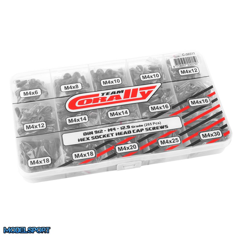 Team Corally - Screw Set M4 - Hex Socket Head - DIN912 - Steel Black - 12.9 Grade - 15 Sizes - 265 pcs
