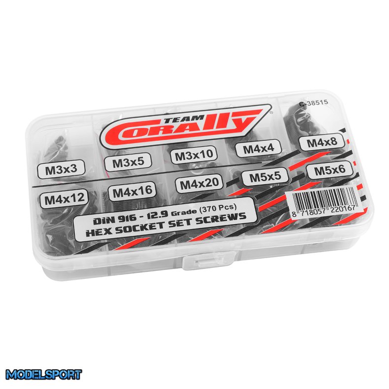 Team Corally - Screw Set - Set Screws - M3 - M4 - M5 - DIN 916 - Steel Black - 12.9 Grade - 10 Sizes - 370 pcs