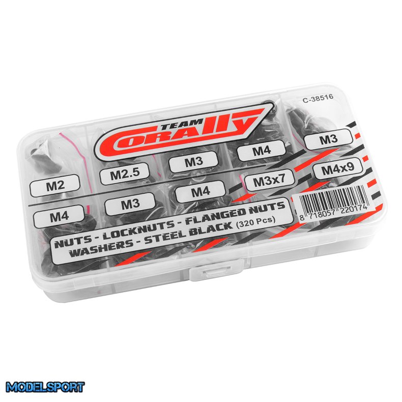 Team Corally - Nuts - Lock Nuts - Washers Set - M2 - M2.5 - M3 - M4 - Steel Black - 10 Sizes - 320 pcs