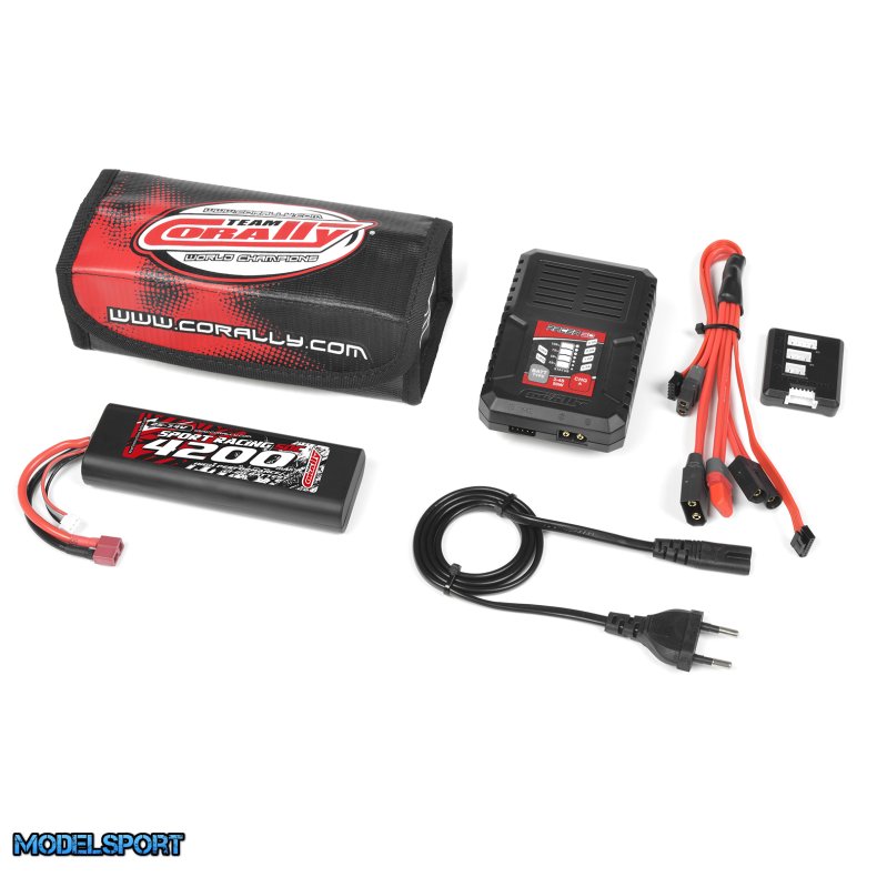 Team Corally - Energy Pack - Lipo 50C - 4200Mah - 2S - T-Plug - Hard Case + Racer 50 - 2-4S AC Charger + Lipo Safety Bag + Charge-Balance Lead