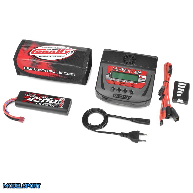 Team Corally - Energy Pack - Lipo 50C - 4200Mah - 2S - T-Plug - Hard Case + Ultra-X 80 - 1-6S AC/DC Charger + Lipo Safety Bag + Charge-Balance Lead