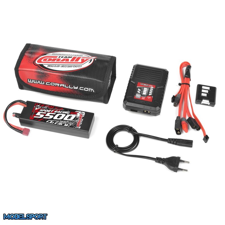 Team Corally - Energy Pack - Lipo 60C - 5500Mah - 2S - T-Plug - Hard Case + Racer 50 - 2-4S AC Charger + Lipo Safety Bag + Charge-Balance Lead