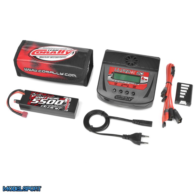 Team Corally - Energy Pack - Lipo 60C - 5500Mah - 2S - T-Plug - Hard Case + Ultra-X 80 - 1-6S AC/DC Charger + Lipo Safety Bag + Charge-Balance Lead