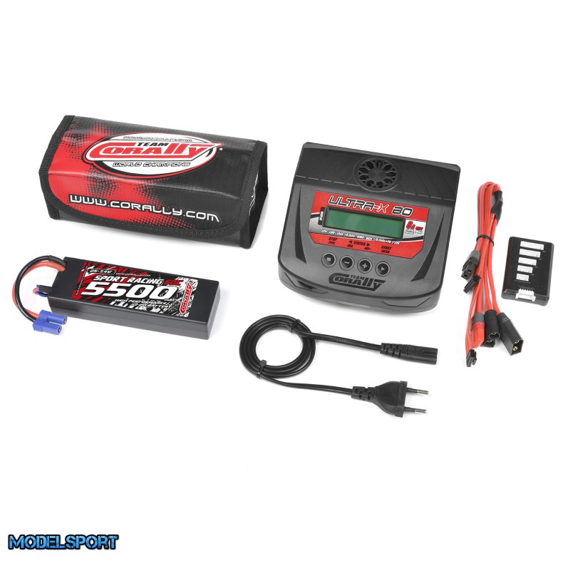 Team Corally - Energy Pack - Lipo 60C - 5500Mah - 2S - EC-5 - Hard Case + Ultra-X 80 - 1-6S AC/DC Charger + Lipo Safety Bag + Charge-Balance Lead