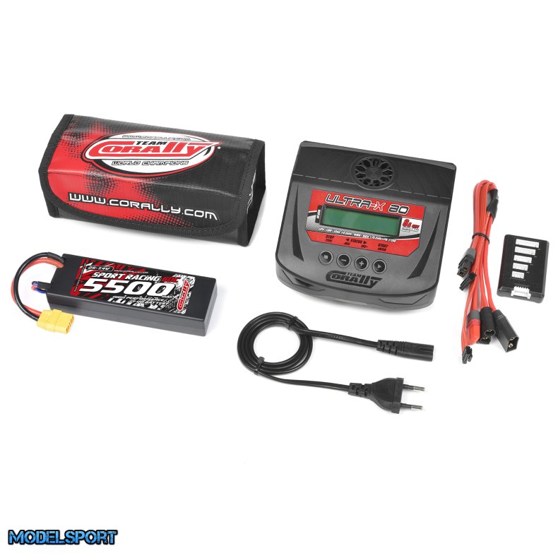 Team Corally - Energy Pack - Lipo 60C - 5500Mah - 2S - XT-90 - Hard Case + Ultra-X 80 - 1-6S AC/DC Charger + Lipo Safety Bag + Charge-Balance Lead