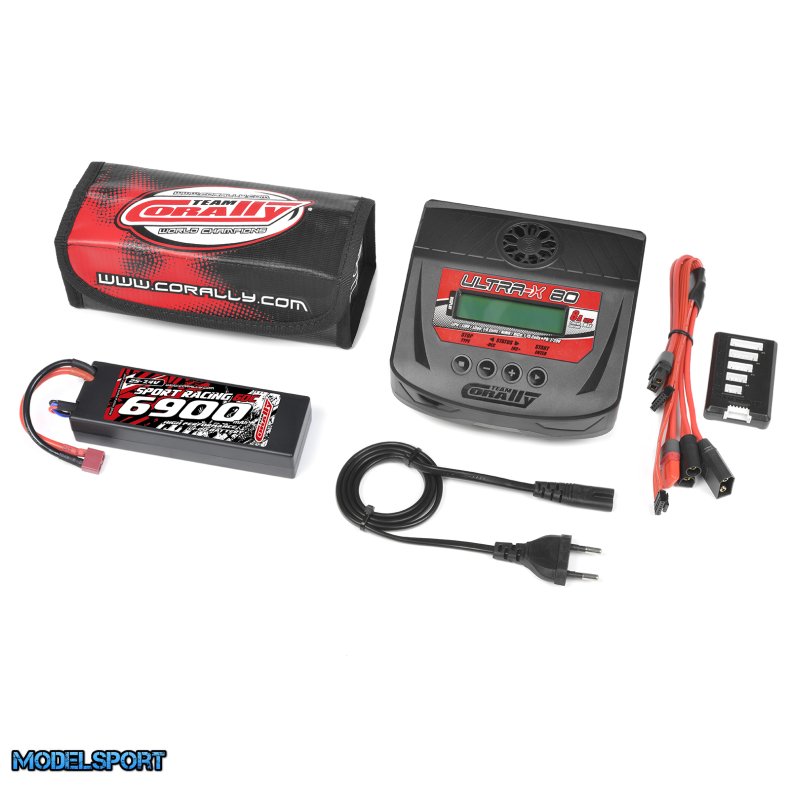 Team Corally - Energy Pack - Lipo 60C - 6900Mah - 2S - T-Plug - Hard Case + Ultra-X 80 - 1-6S AC/DC Charger + Lipo Safety Bag + Charge-Balance Lead