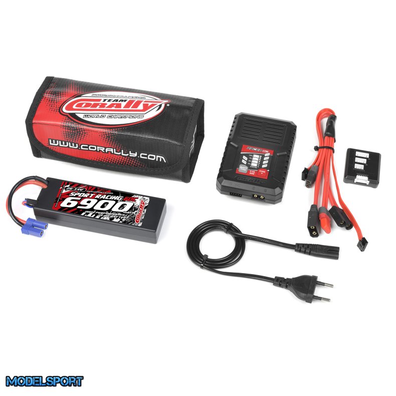 Team Corally - Energy Pack - Lipo 60C - 6900Mah - 2S - EC-5 - Hard Case + Racer 50 - 2-4S AC Charger + Lipo Safety Bag + Charge-Balance Lead