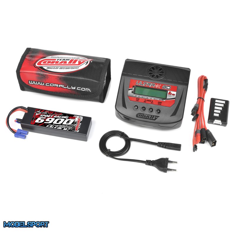 Team Corally - Energy Pack - Lipo 60C - 6900Mah - 2S - EC-5 - Hard Case + Ultra-X 80 - 1-6S AC/DC Charger + Lipo Safety Bag + Charge-Balance Lead