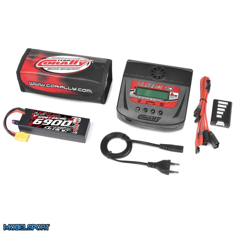 Team Corally - Energy Pack - Lipo 60C - 6900Mah - 2S - XT-90 - Hard Case + Ultra-X 80 - 1-6S AC/DC Charger + Lipo Safety Bag + Charge-Balance Lead