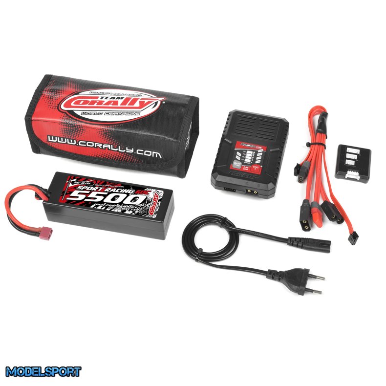 Team Corally - Energy Pack - Lipo 60C - 5500Mah - 3S - T-PLUG - Hard Case + Racer 50 - 2-4S AC Charger + Lipo Safety Bag + Charge-Balance Lead