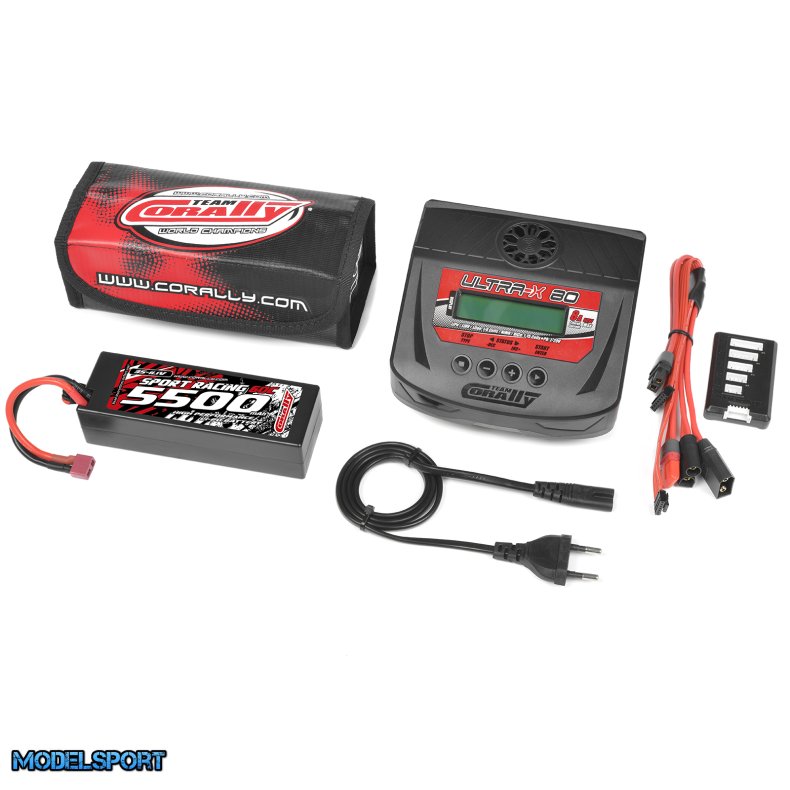 Team Corally - Energy Pack - Lipo 60C - 5500Mah - 3S - T-PLUG - Hard Case + Ultra-X 80 - 1-6S AC/DC Charger + Lipo Safety Bag + Charge-Balance Lead