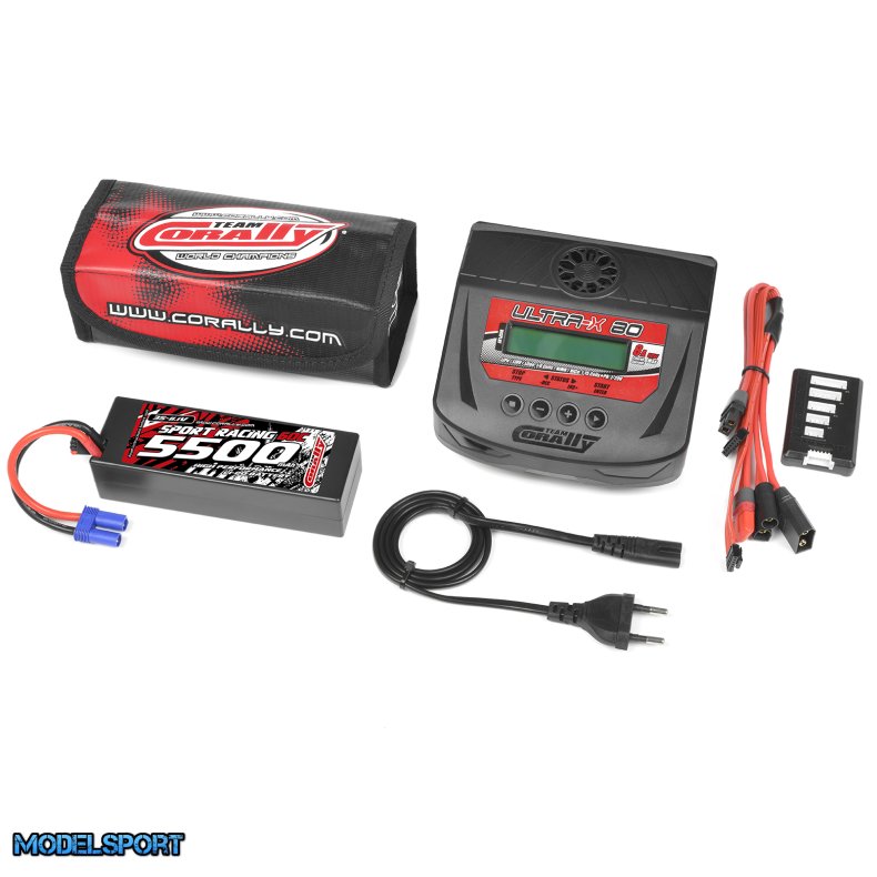 Team Corally - Energy Pack - Lipo 60C - 5500Mah - 3S - EC-5 - Hard Case + Ultra-X 80 - 1-6S AC/DC Charger + Lipo Safety Bag + Charge-Balance Lead