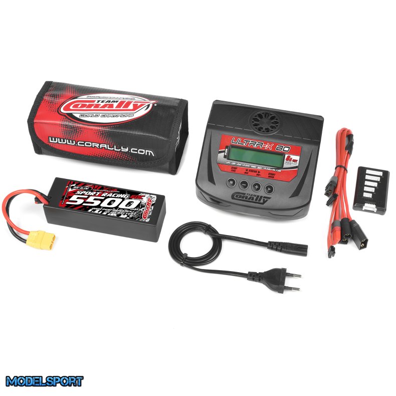 Team Corally - Energy Pack - Lipo 60C - 5500Mah - 3S - XT-90 - Hard Case + Ultra-X 80 - 1-6S AC/DC Charger + Lipo Safety Bag + Charge-Balance Lead