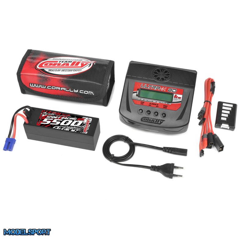 Team Corally - Energy Pack - Lipo 60C - 5500Mah - 4S - EC-5 - Hard Case + Ultra-X 80 - 1-6S AC/DC Charger + Lipo Safety Bag + Charge-Balance Lead