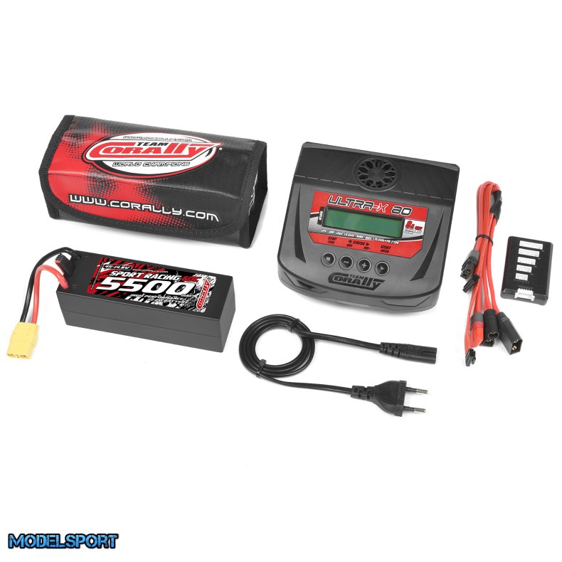 Team Corally - Energy Pack - Lipo 60C - 5500Mah - 4S - XT-90 - Hard Case + Ultra-X 80 - 1-6S AC/DC Charger + Lipo Safety Bag + Charge-Balance Lead