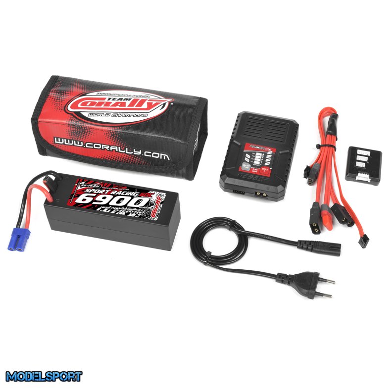 Team Corally - Energy Pack - Lipo 50C - 6700Mah - 4S - EC-5 - Hard Case + Racer 50 - 2-4S AC Charger + Lipo Safety Bag + Charge-Balance Lead