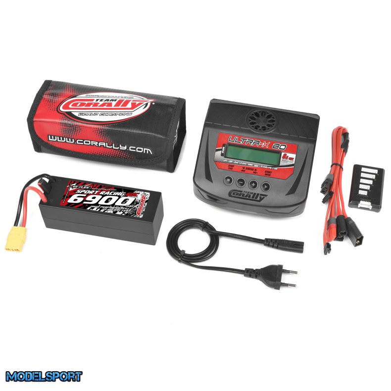 Team Corally - Energy Pack - Lipo 50C - 6700Mah - 4S - XT-90 - Hard Case + Ultra-X 80 - 1-6S AC/DC Charger + Lipo Safety Bag + Charge-Balance Lead