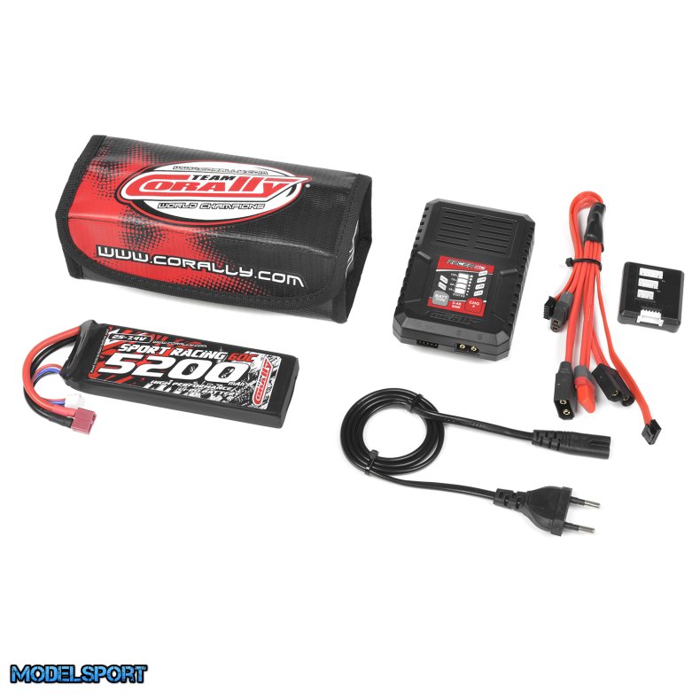 Team Corally - Energy Pack - Lipo 60C - 5200MAH - 2S - T-Plug - Semi-Soft Case + Racer 50 - 2-4S AC Charger + Lipo Safety Bag + Charge-Balance Lead