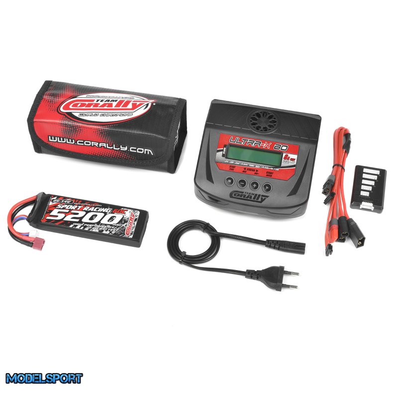 Team Corally - Energy Pack - Lipo 60C - 5200MAH - 2S - T-Plug - Semi-Soft Case + Ultra-X 80 - 1-6S AC/DC Charger + Lipo Safety Bag + Charge-Balance Lead