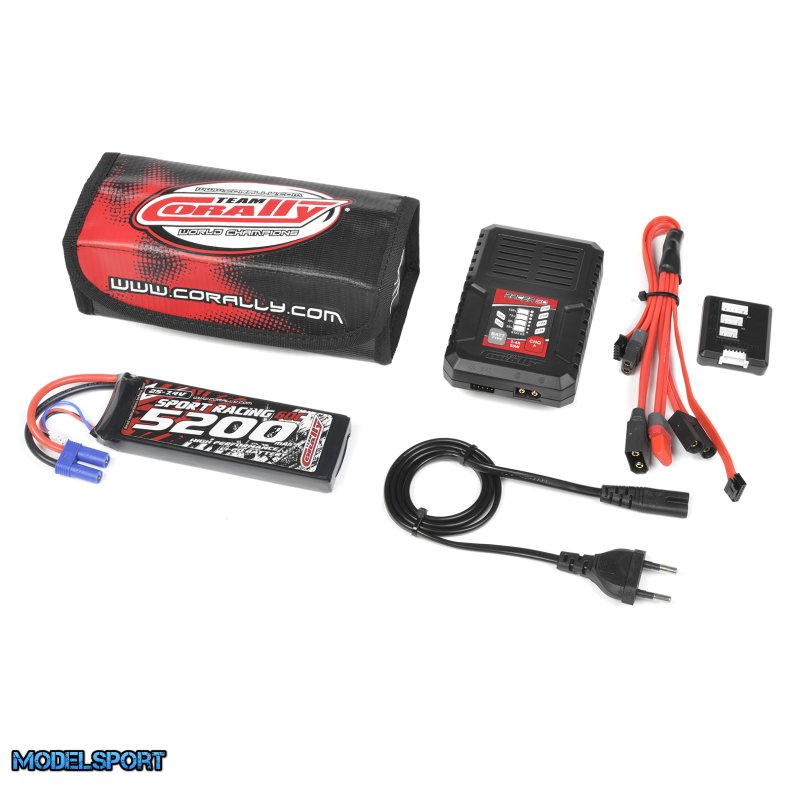Team Corally - Energy Pack - Lipo 60C - 5200MAH - 2S - EC-5 - Semi-Soft Case + Racer 50 - 2-4S AC Charger + Lipo Safety Bag + Charge-Balance Lead