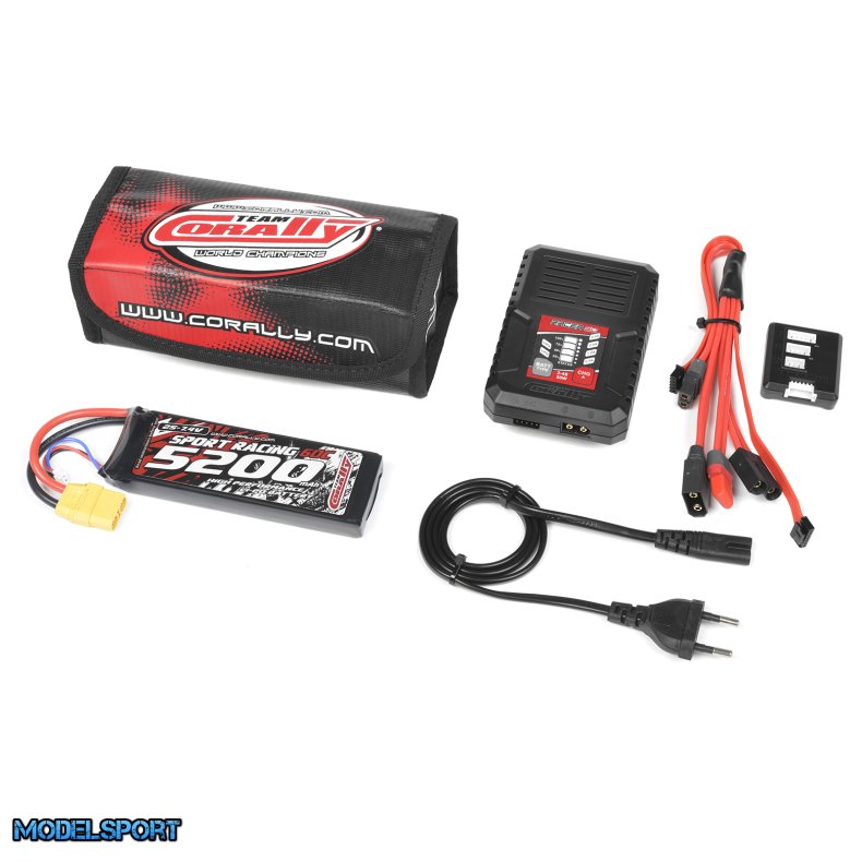 Team Corally - Energy Pack - Lipo 60C - 5200MAH - 2S - XT-90 - Semi-Soft Case + Racer 50 - 2-4S AC Charger + Lipo Safety Bag + Charge-Balance Lead