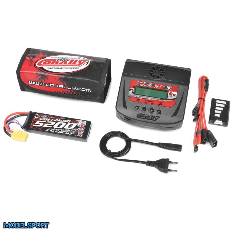 Team Corally - Energy Pack - Lipo 60C - 5200MAH - 2S - XT-90 - Semi-Soft Case + Ultra-X 80 - 1-6S AC/DC Charger + Lipo Safety Bag + Charge-Balance Lead