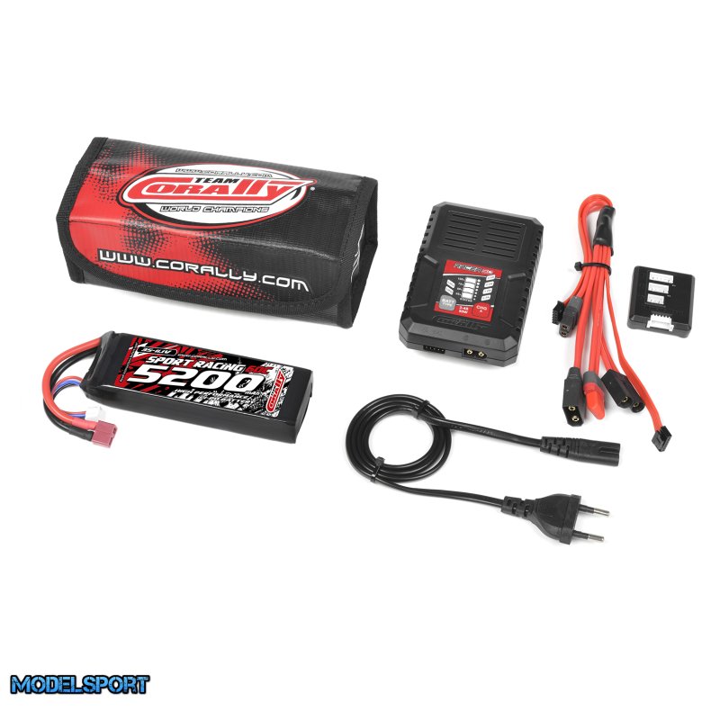 Team Corally - Energy Pack - Lipo 60C - 5200MAH - 3S - T-Plug - Semi-Soft Case + Racer 50 - 2-4S AC Charger + Lipo Safety Bag + Charge-Balance Lead