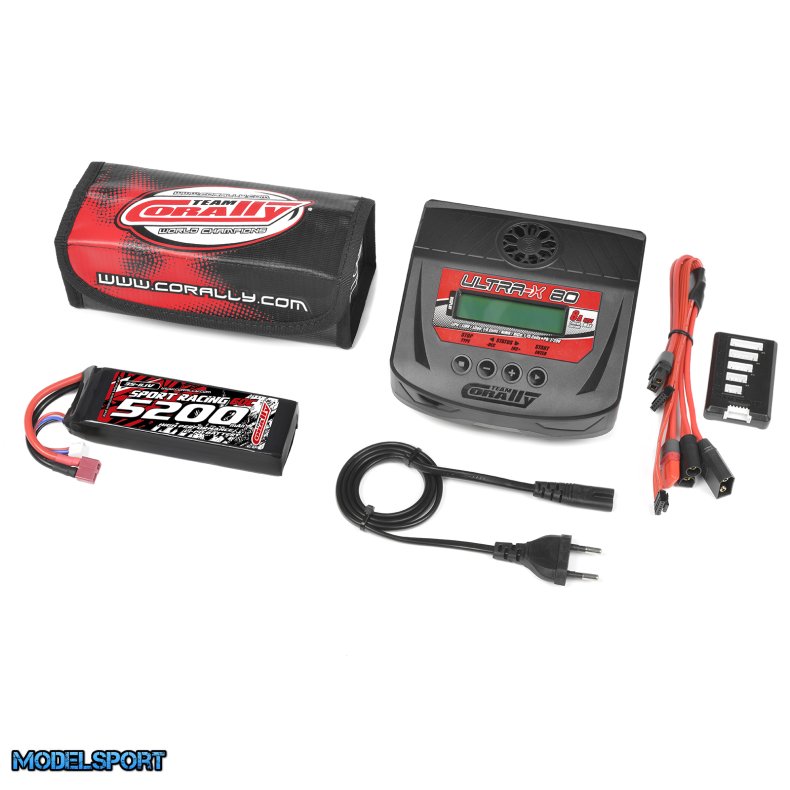 Team Corally - Energy Pack - Lipo 60C - 5200MAH - 3S - T-Plug - Semi-Soft Case + Ultra-X 80 - 1-6S AC/DC Charger + Lipo Safety Bag + Charge-Balance Lead
