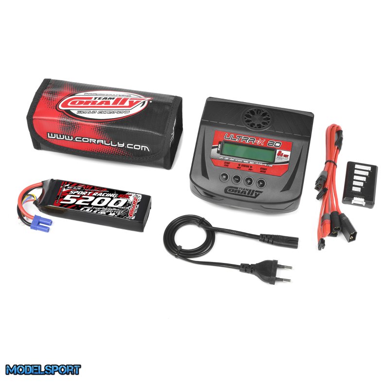 Team Corally - Energy Pack - Lipo 60C - 5200MAH - 3S - EC-5 - Semi-Soft Case + Ultra-X 80 - 1-6S AC/DC Charger + Lipo Safety Bag + Charge-Balance Lead