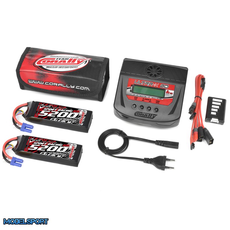 Team Corally - Energy Pack - 2X Lipo 60C - 5200MAH - 3S - EC-5 - Semi-Soft Case + Ultra-X 80 - 1-6S AC/DC Charger + Lipo Safety Bag + Charge-Balance Lead
